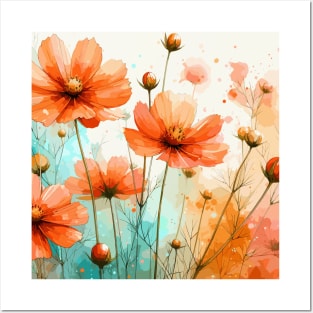 Orange Cosmos Flowers Pattern Posters and Art